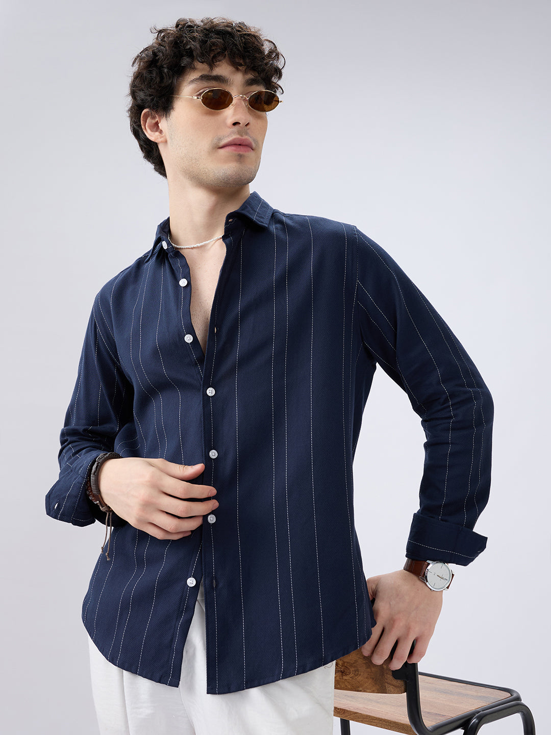 Navy Contrast Stitch Vertical Striped Shirt