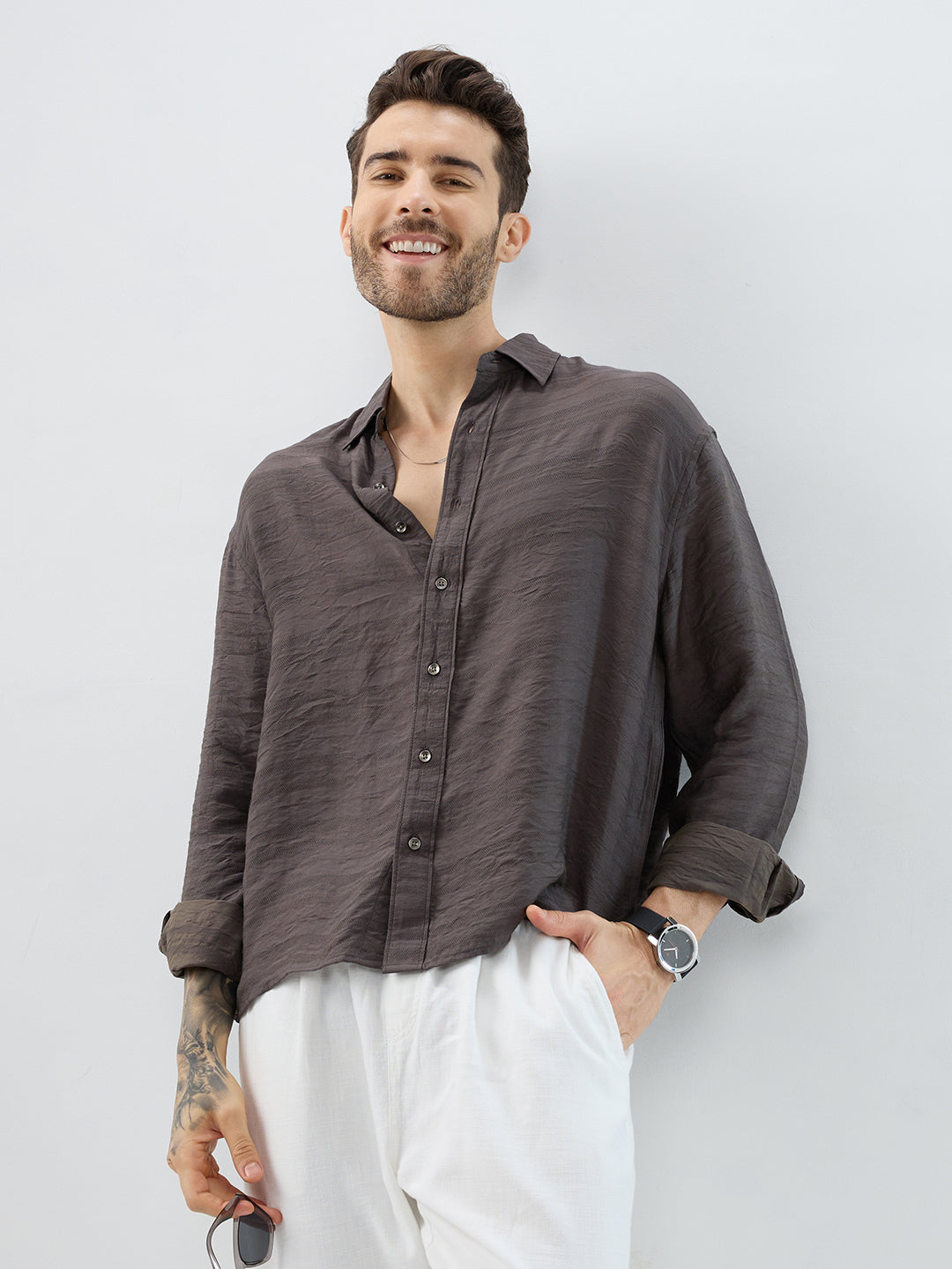 Rustic Brown Horizontal Textured Boxy Fit Crop Shirt