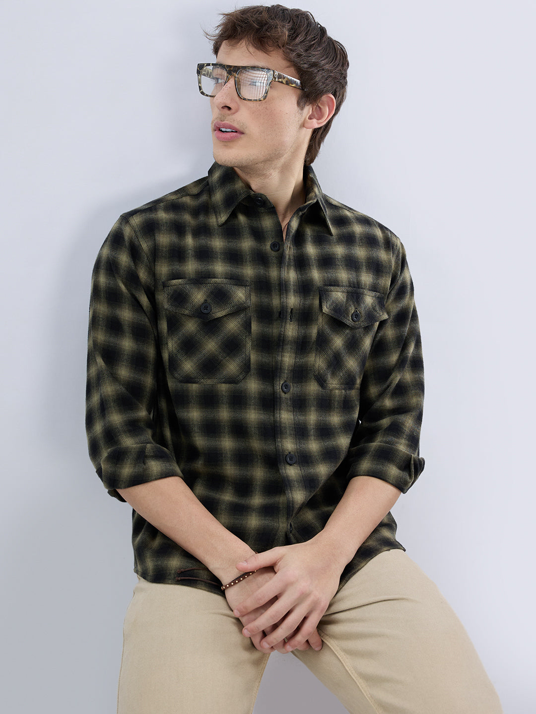 Deep Olive Soft Rustic Checks Double Pocket Shirt
