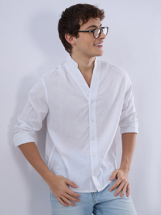 Pure White Linen Blend Stand Collar Oversized Shirt