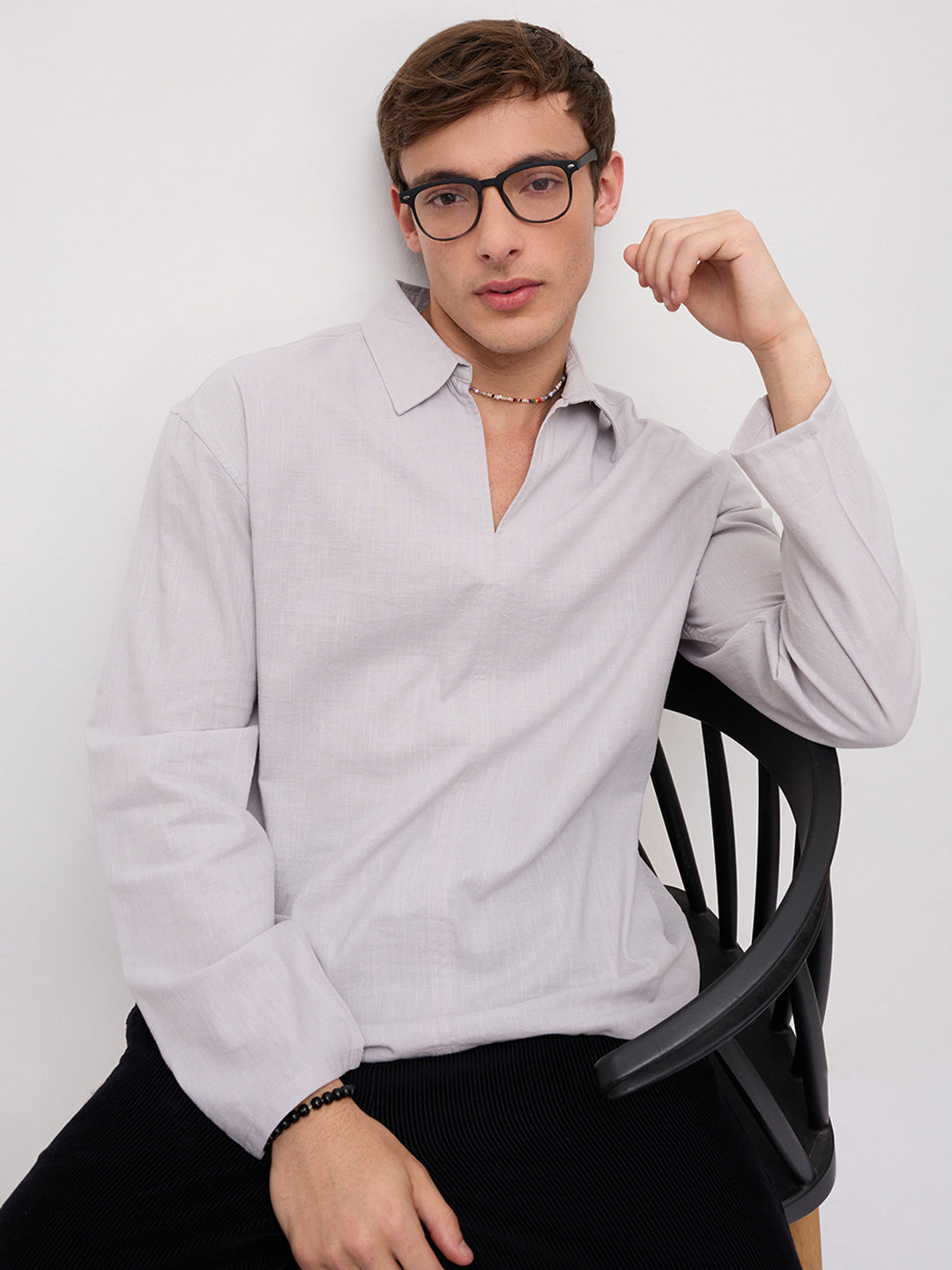 Grey Slub Textured Center Seam Oversized Polo Shirt