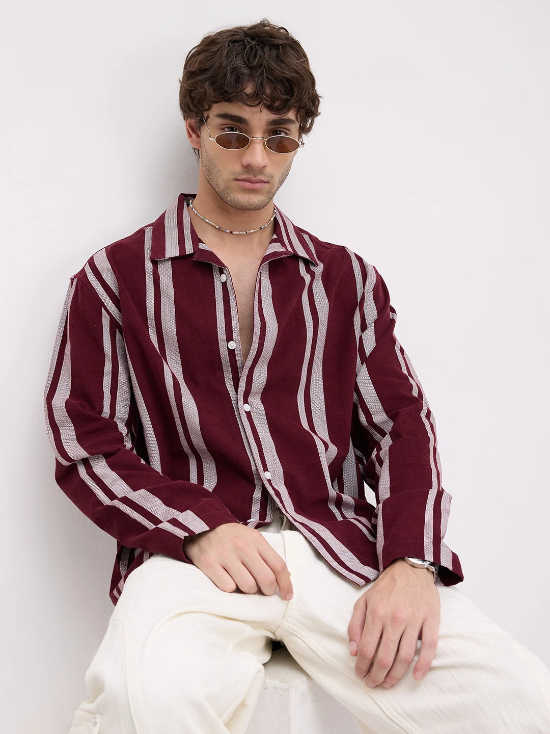 Luxe Maroon Contrast Striped Corduroy Notch Collar Oversized Shirt