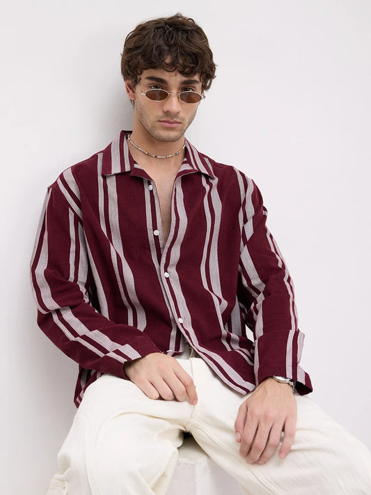 Luxe Maroon Contrast Striped Corduroy Notch Collar Oversized Shirt