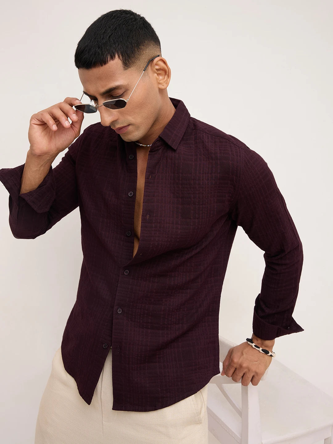 Royal Wine Ledger Checks Double Cloth Shirt