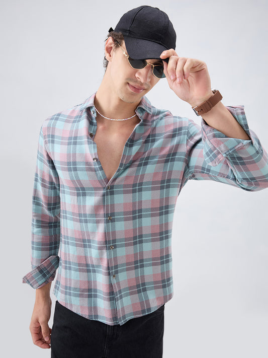 Vintage Blue Diagonal Textured Overlay Checks Shirt