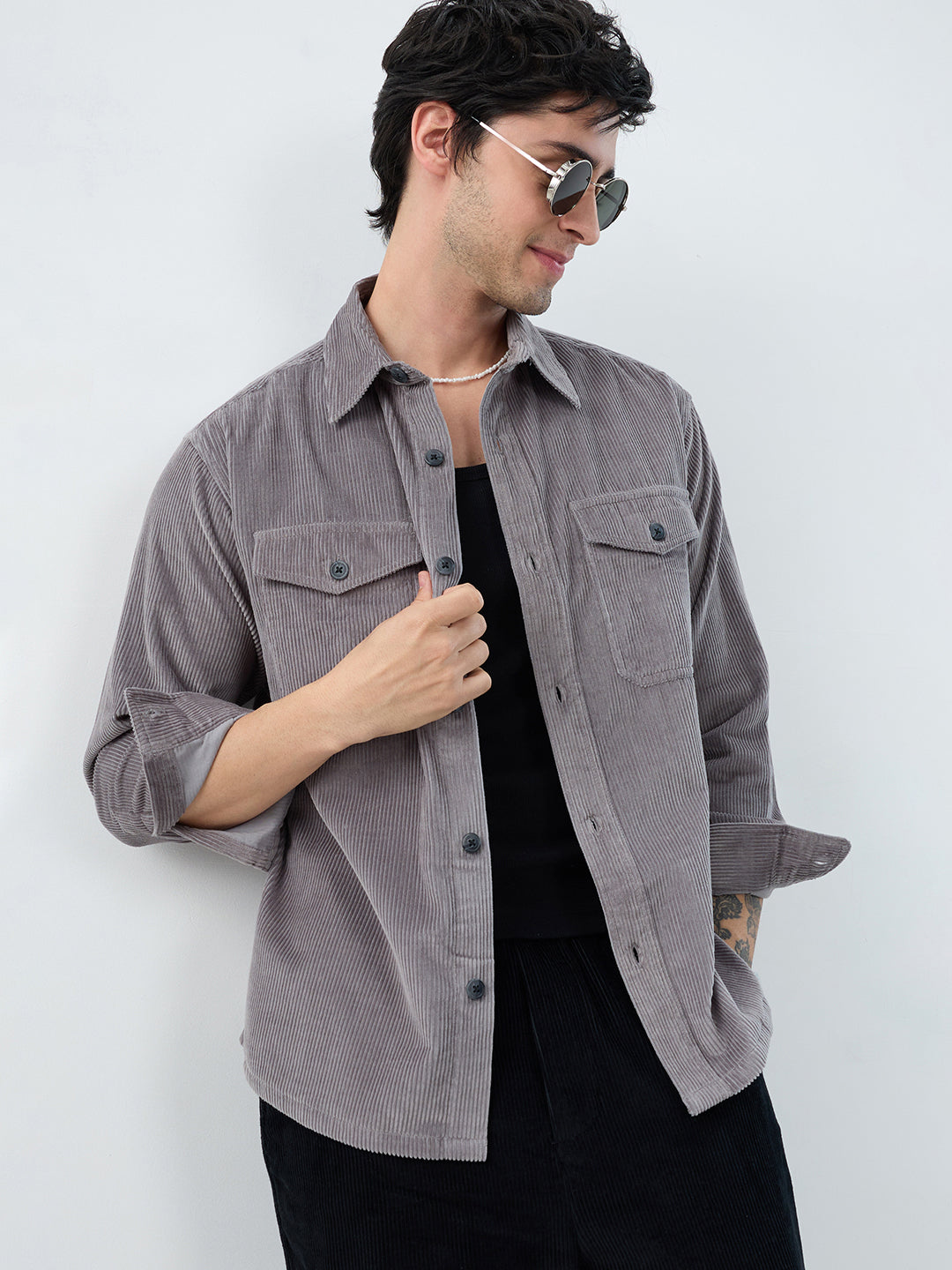 Cloud Grey Structured Corduroy Double Pocket Overshirt