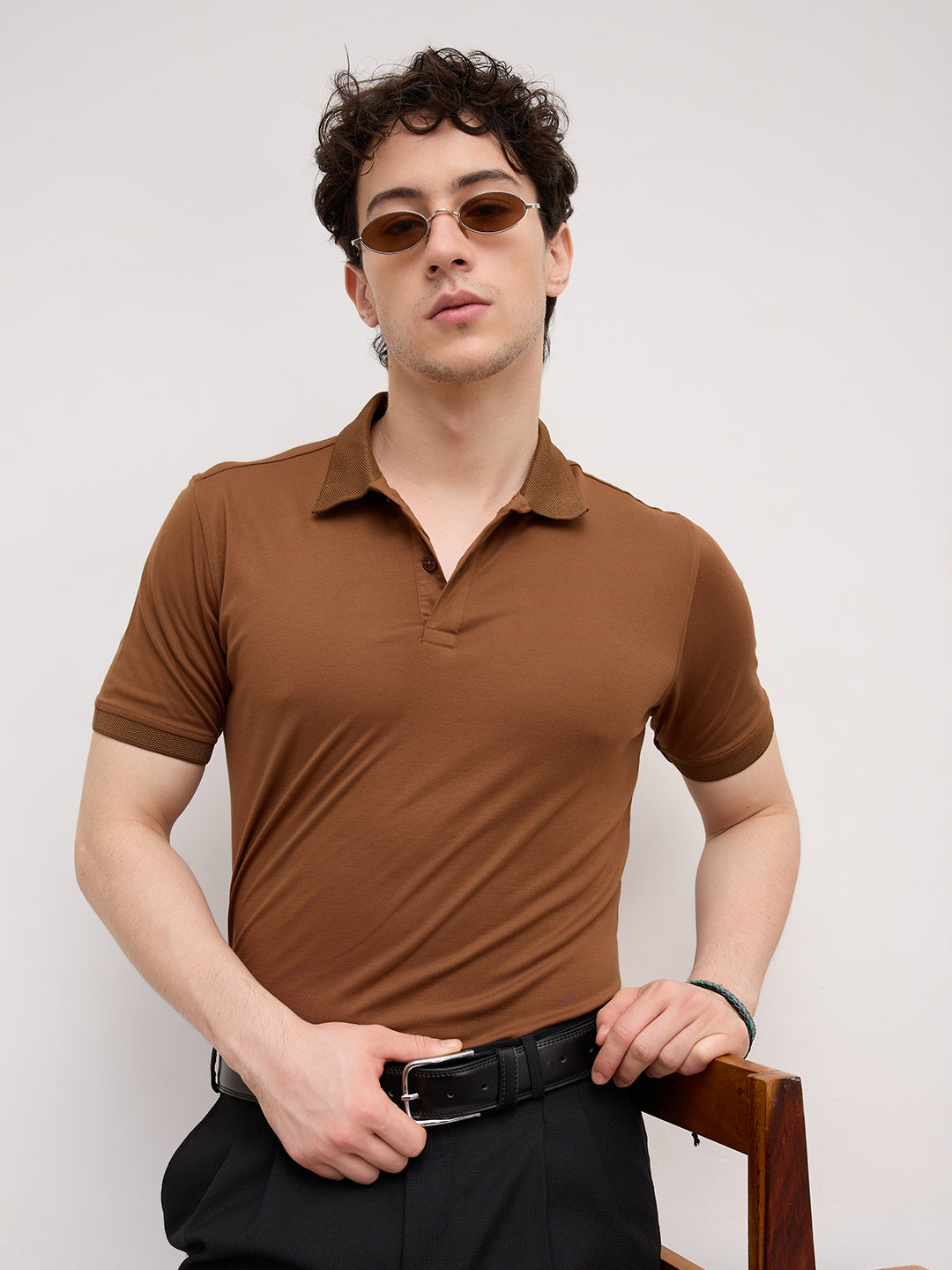 Solid Caramel Brown Honeycomb Polo Knit T-Shirt