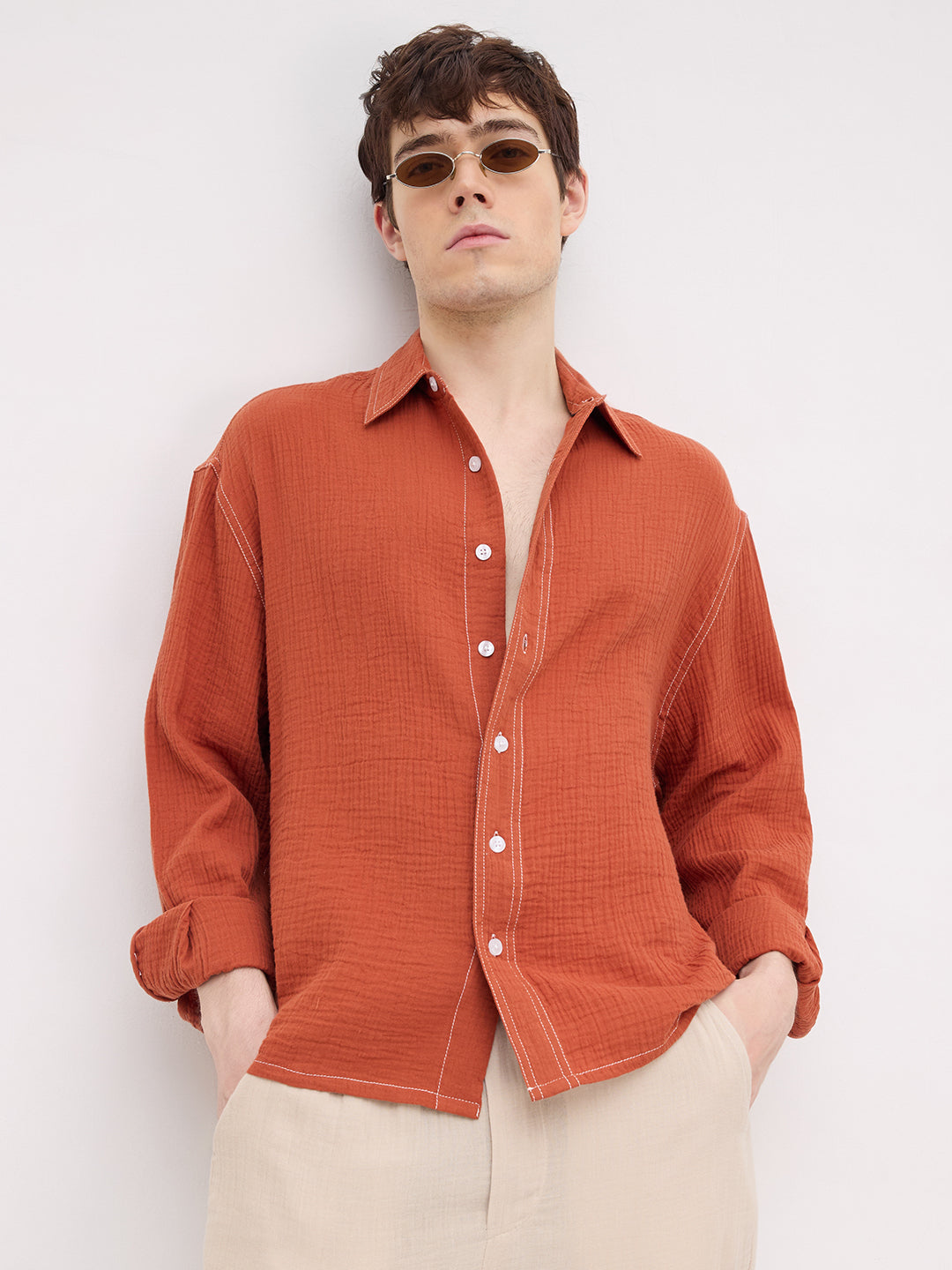 Rust Contrast Stitch Double Cloth Boxy Fit Crop Shirt
