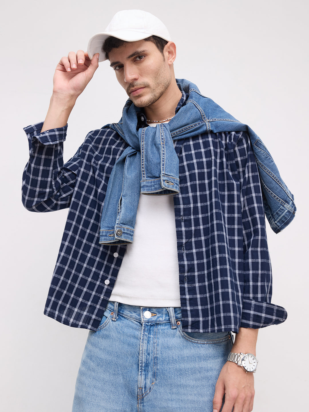 Elevated Navy Heathered Checks Boxy Fit Crop Shirt