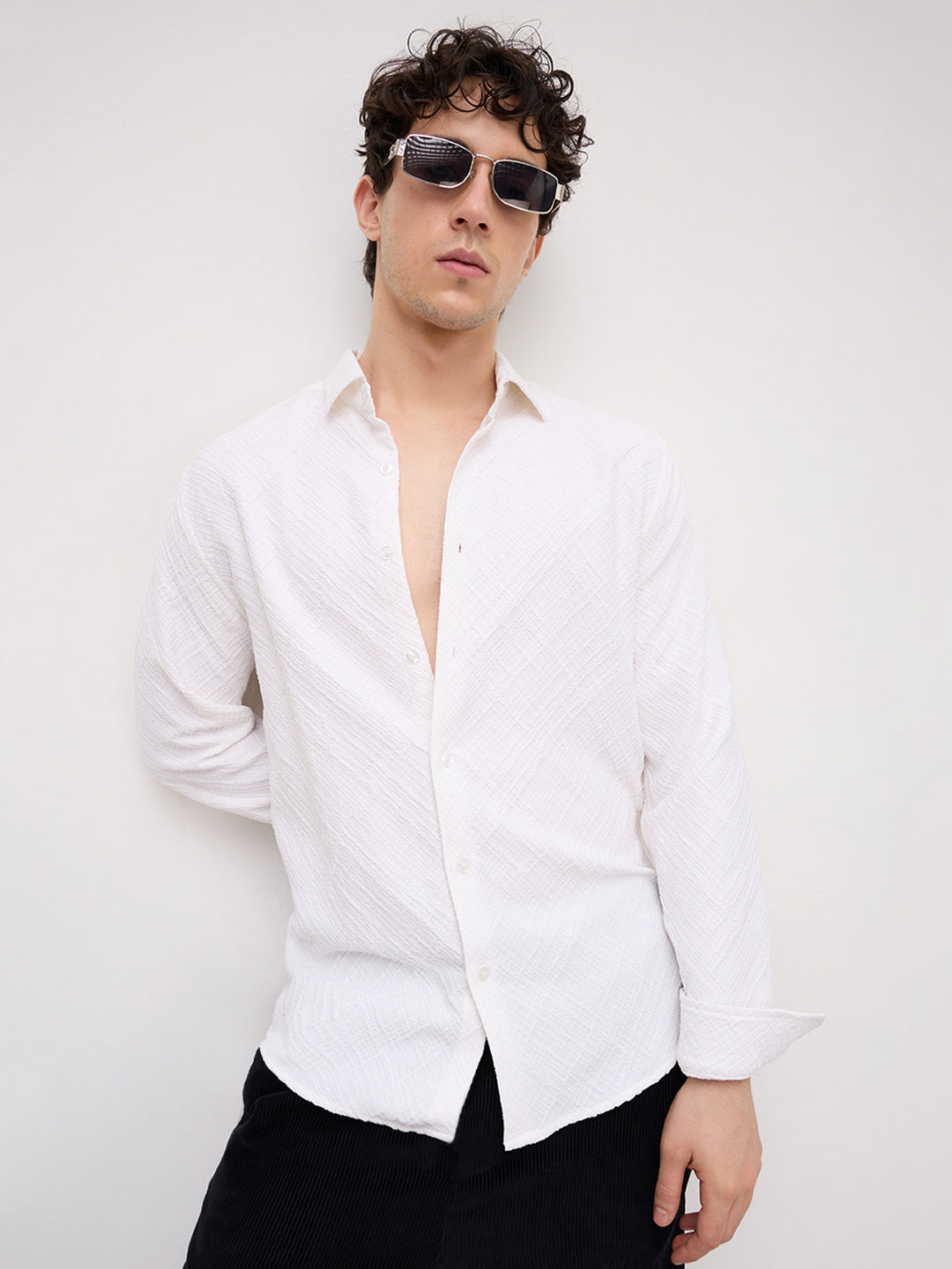 White Diamond Lattice Weave Textured Shirt