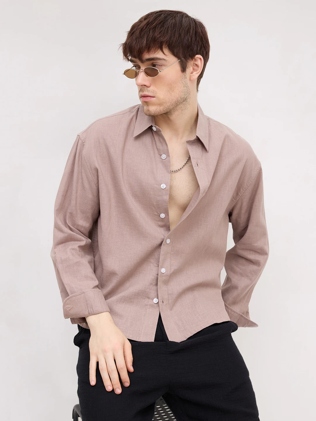 Classic Soft Khaki Fine Textured Boxy Fit Crop Shirt