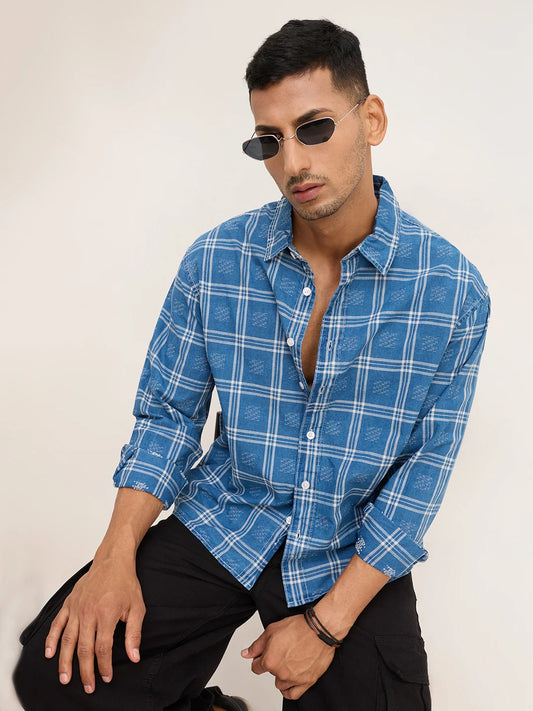 Denim Contrast Frame Checks Boxy Fit Crop Shirt
