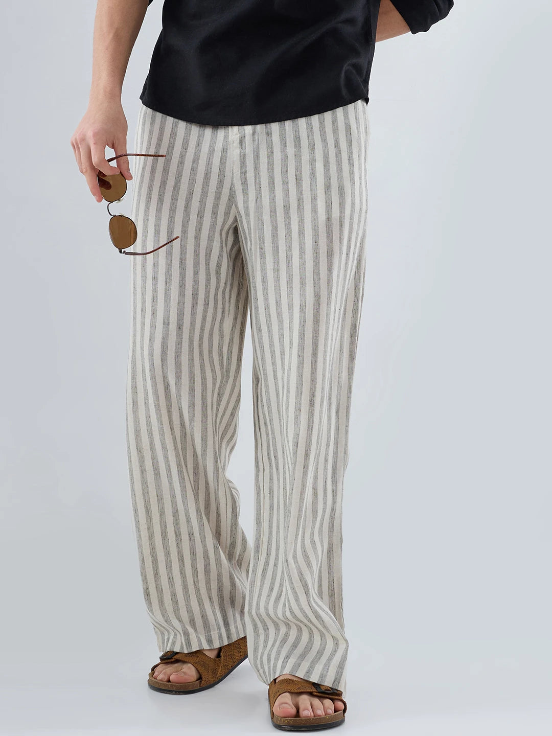Olive & Ivory Striped Linen Blend Wide Leg Trousers