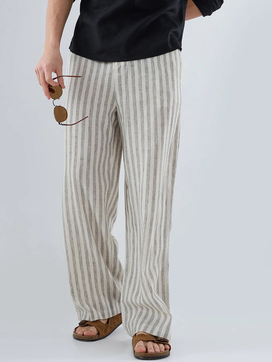 Olive & Ivory Striped Linen Blend Wide Leg Trousers