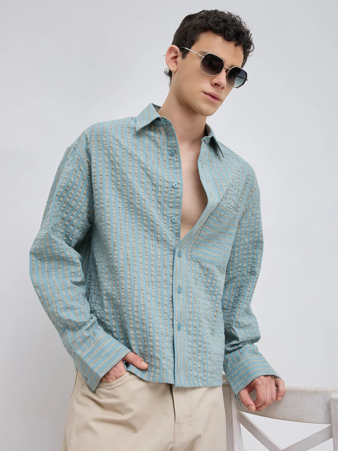 Sea Green Seersucker Candy Striped Boxy Fit Crop Shirt