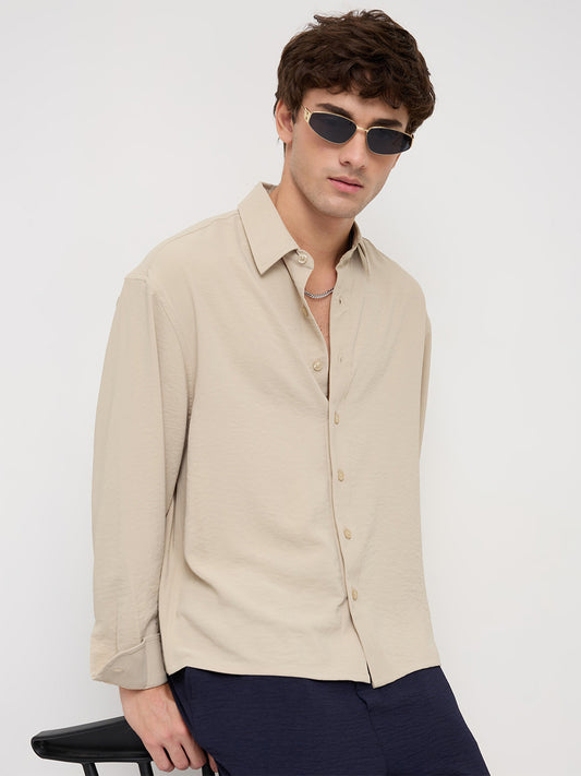 Sand Beige Velour Finish Boxy Fit Crop Shirt