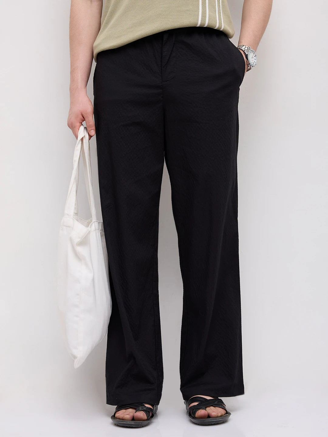 Black Fine Textured Wide Leg Trousers