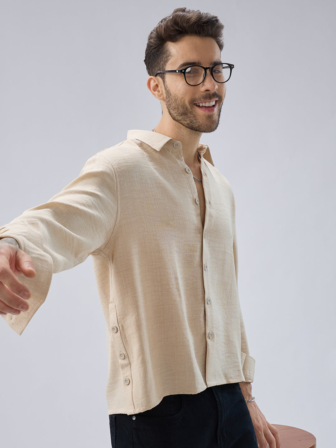 Soft Beige Slub Textured Oversized Side Slit Button Crop Shirt