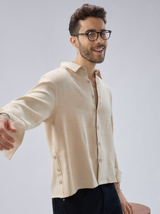 Soft Beige Slub Textured Oversized Side Slit Button Crop Shirt
