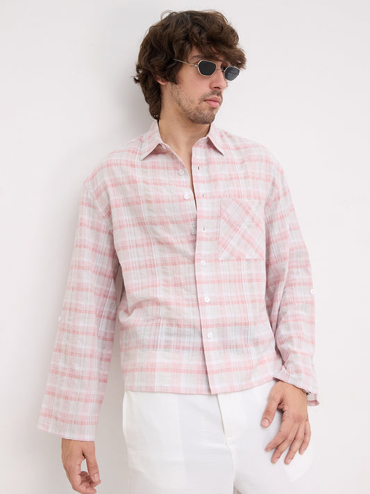 Peachy Pink & Grey Plaid Checks Oversized Cuffless Crop Shirt