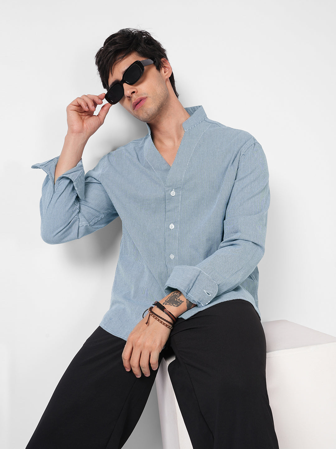 Navy & White Pinstripe Stand Collar Oversized Shirt