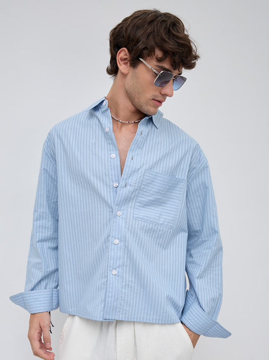 Skyline Blue Sheer Boxy Fit Crop Shirt