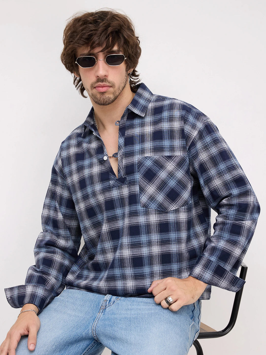 Midnight Navy Multi-Scale Architectural Plaid Checks Loop Button Oversized Shirt