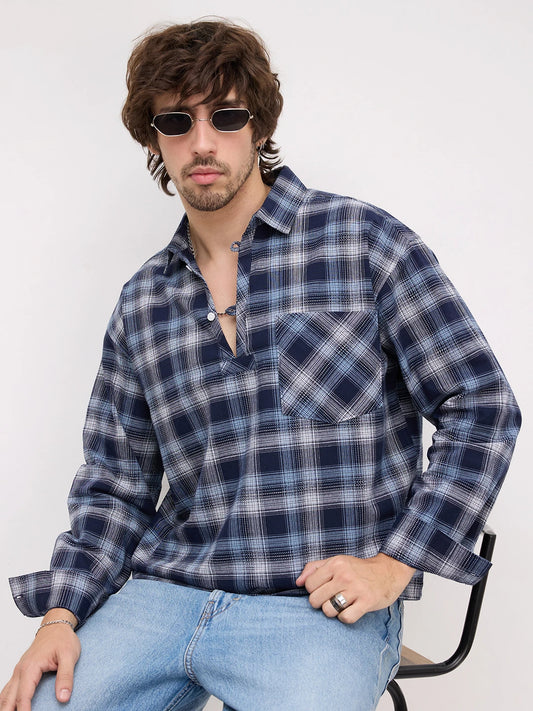 Midnight Navy Multi-Scale Architectural Plaid Checks Loop Button Oversized Shirt