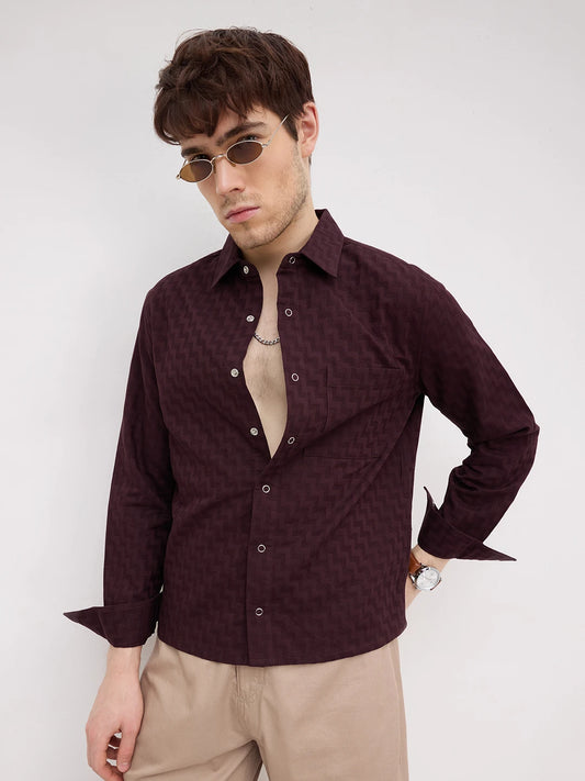 Rich Wine Maze Textured Straight Hem Crop Shirt