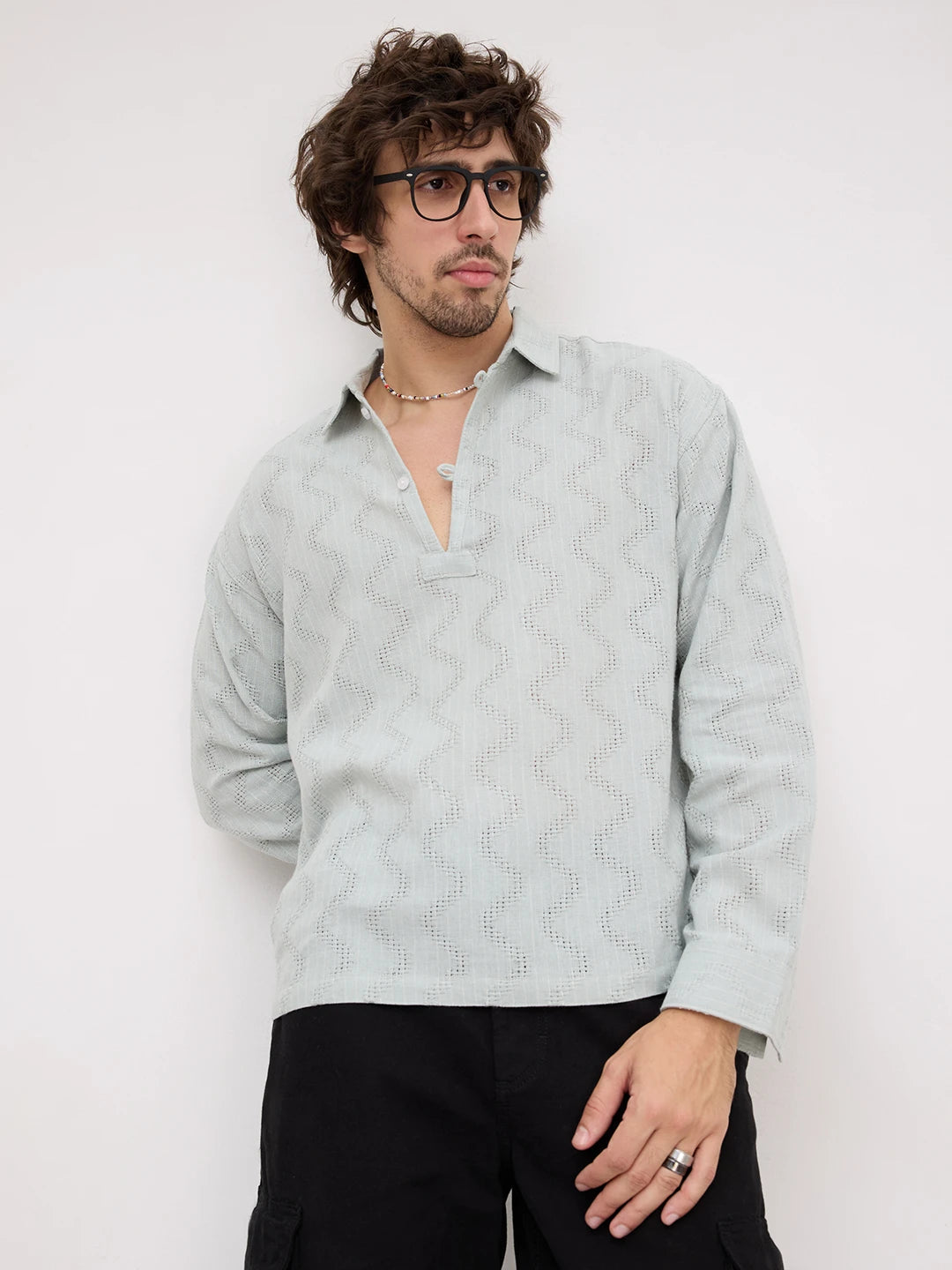 Tea Green Intricate Crossweave Jacquard Loop Button Oversized Shirt