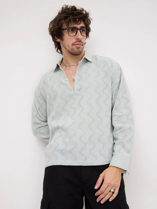 Tea Green Intricate Crossweave Jacquard Loop Button Oversized Shirt