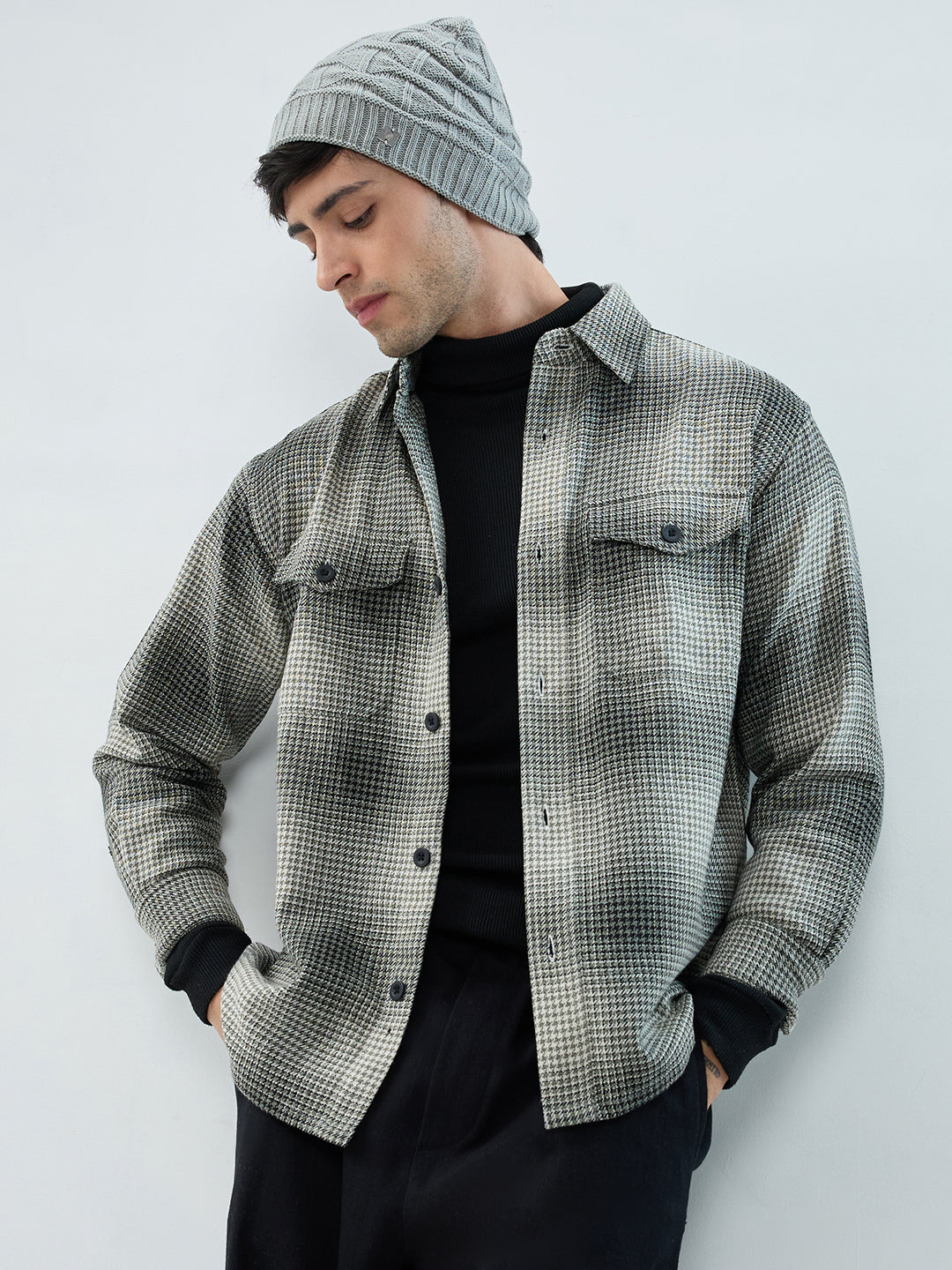 Olive & Black Houndstooth Checks Double Pocket Flannel Shirt