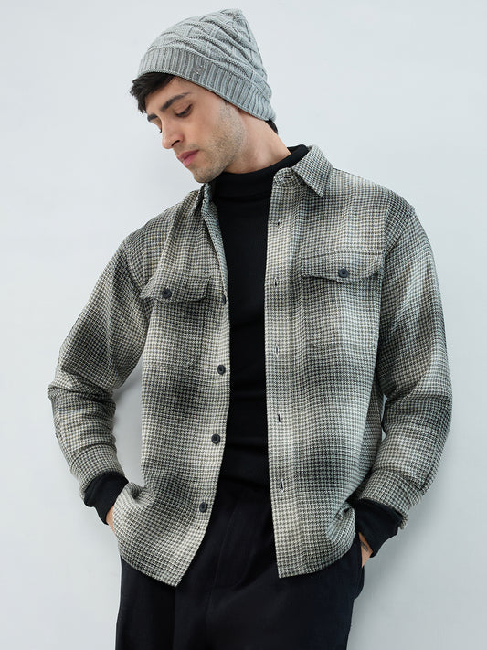 Olive & Black Houndstooth Checks Double Pocket Flannel Shirt