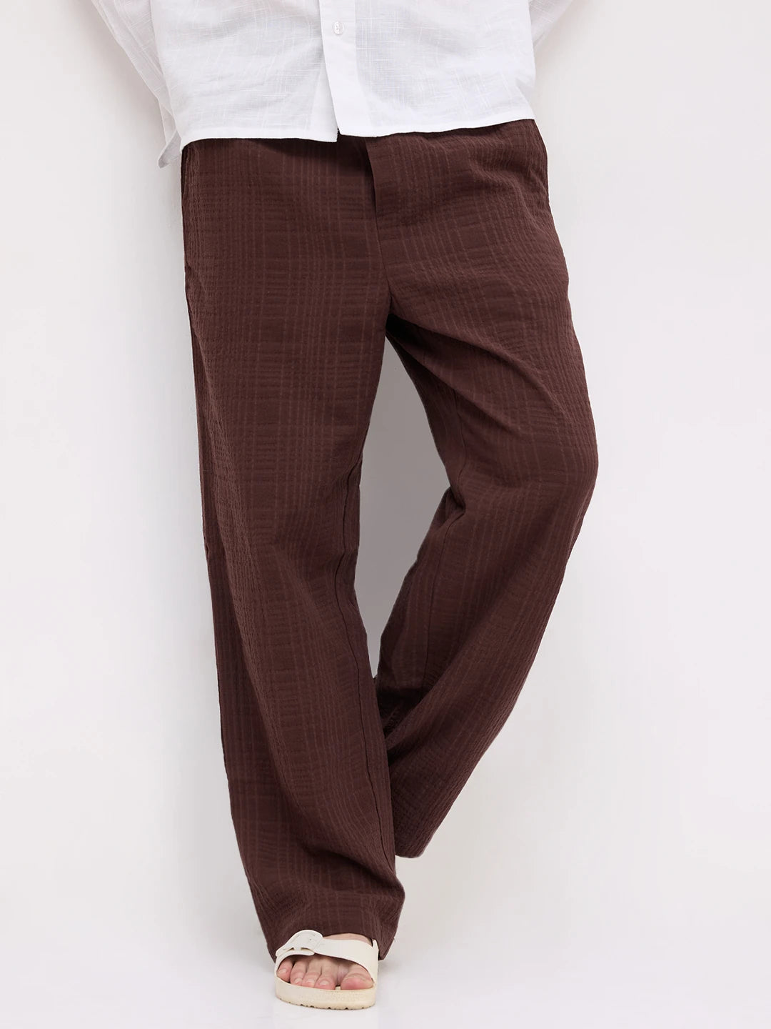 Coffee Brown Double Cloth Embossed Straight Fit Trousers