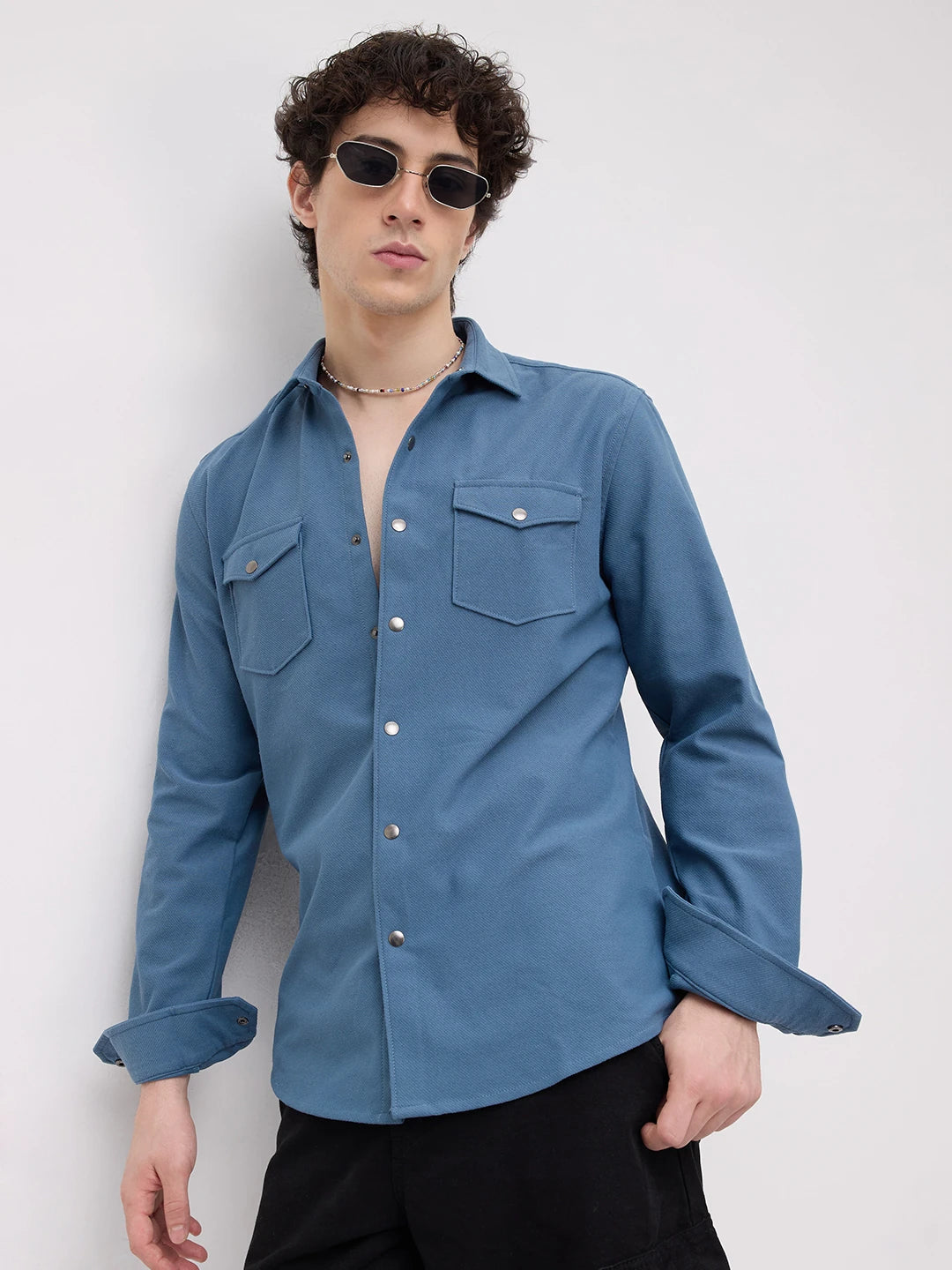 Cerulean Blue Twin Pocket Knitted Overshirt
