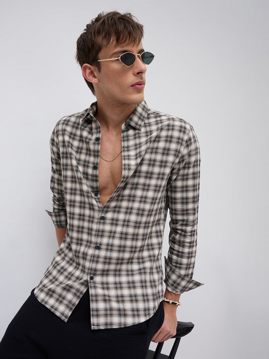 Beige & Black Interlock Plaid Checks Textured Shirt
