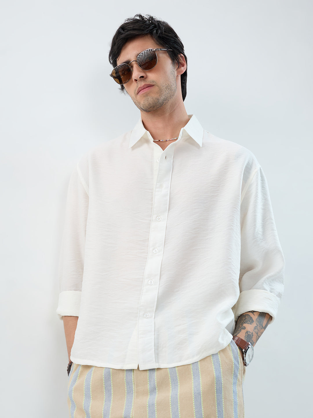 Solid White Crinkled Boxy Fit Crop Shirt