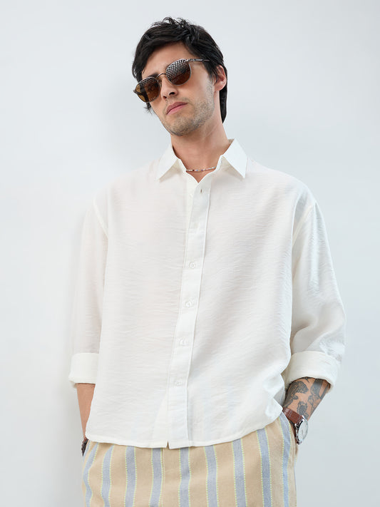 Solid White Crinkled Boxy Fit Crop Shirt