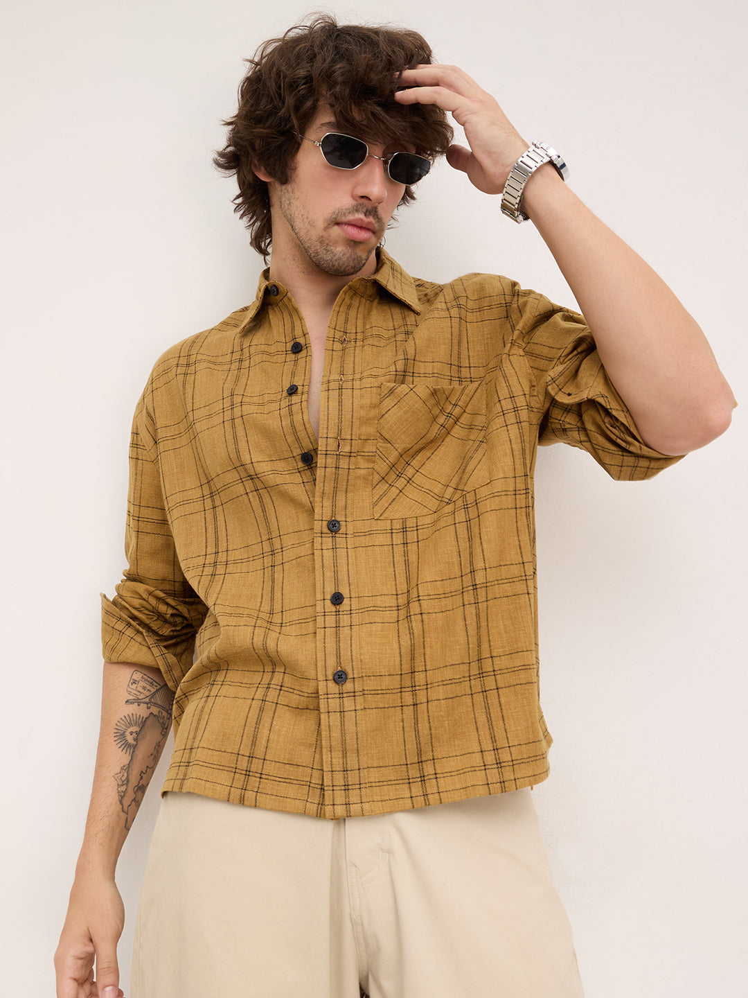 Khaki Contrast Windowpane Checks Boxy Fit Crop Shirt