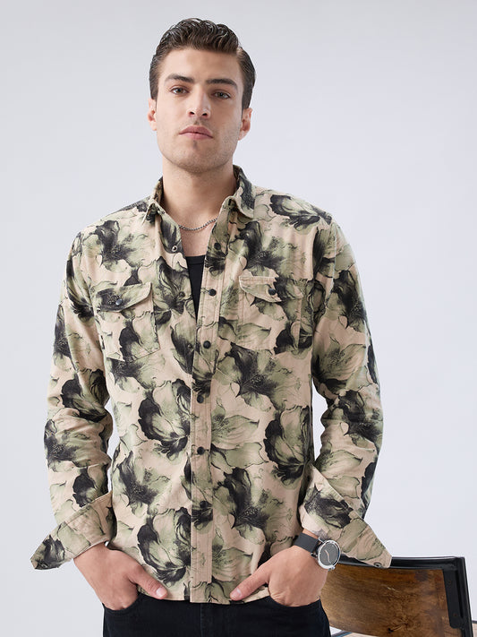 Nature Inspired Abstract Printed Double Pocket Corduroy Shirt