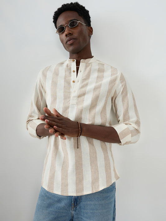 Beige & Ivory Striped Jacquard Kurta