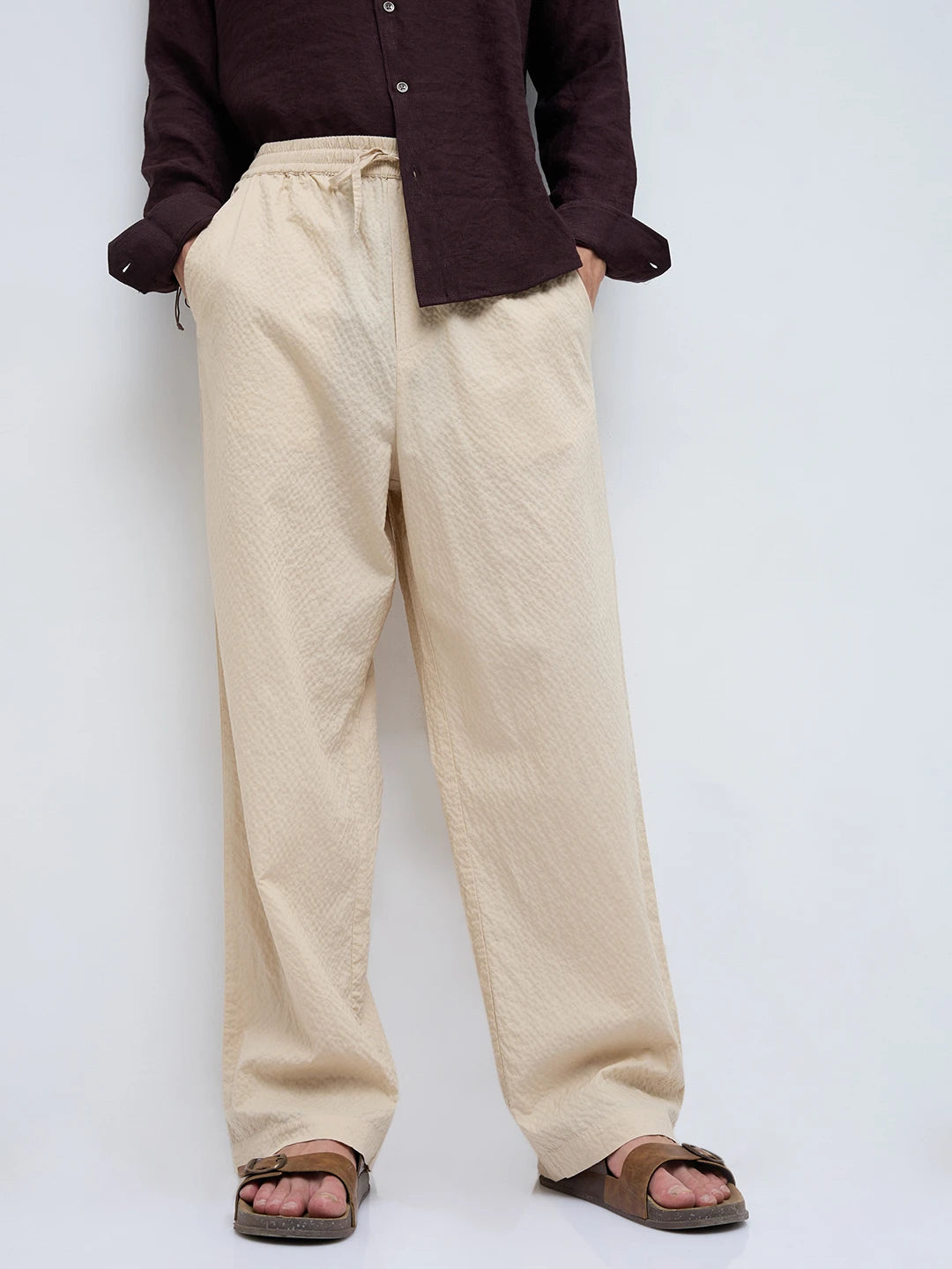 Sand Beige Crinkled Straight Fit Trousers
