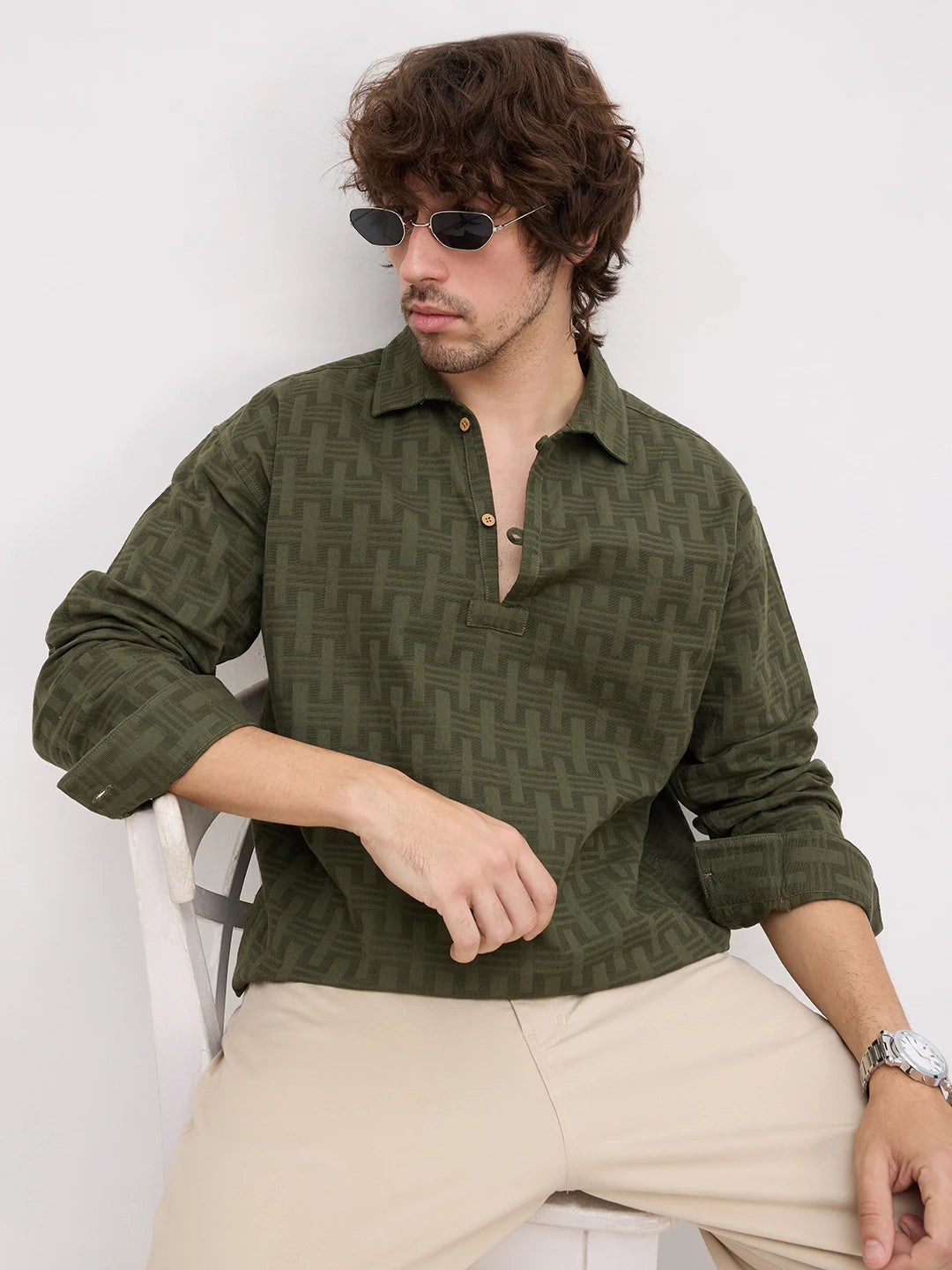Contemporary Olive Architectural Weave Loop Button Oversized Shirt