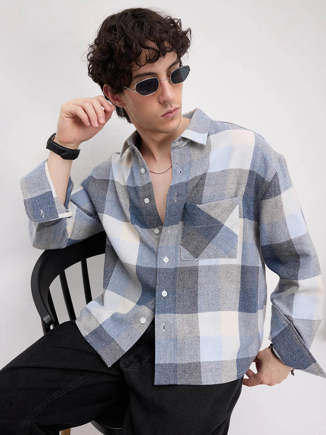 Navy & Blue Broad Checks Boxy Fit Flannel Crop Shirt