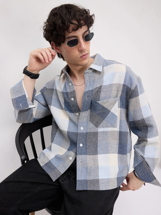 Navy & Blue Broad Checks Boxy Fit Flannel Crop Shirt