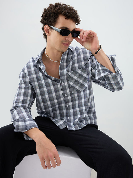 Monochrome Dual Scale Grid Weave Boxy Fit Crop Shirt