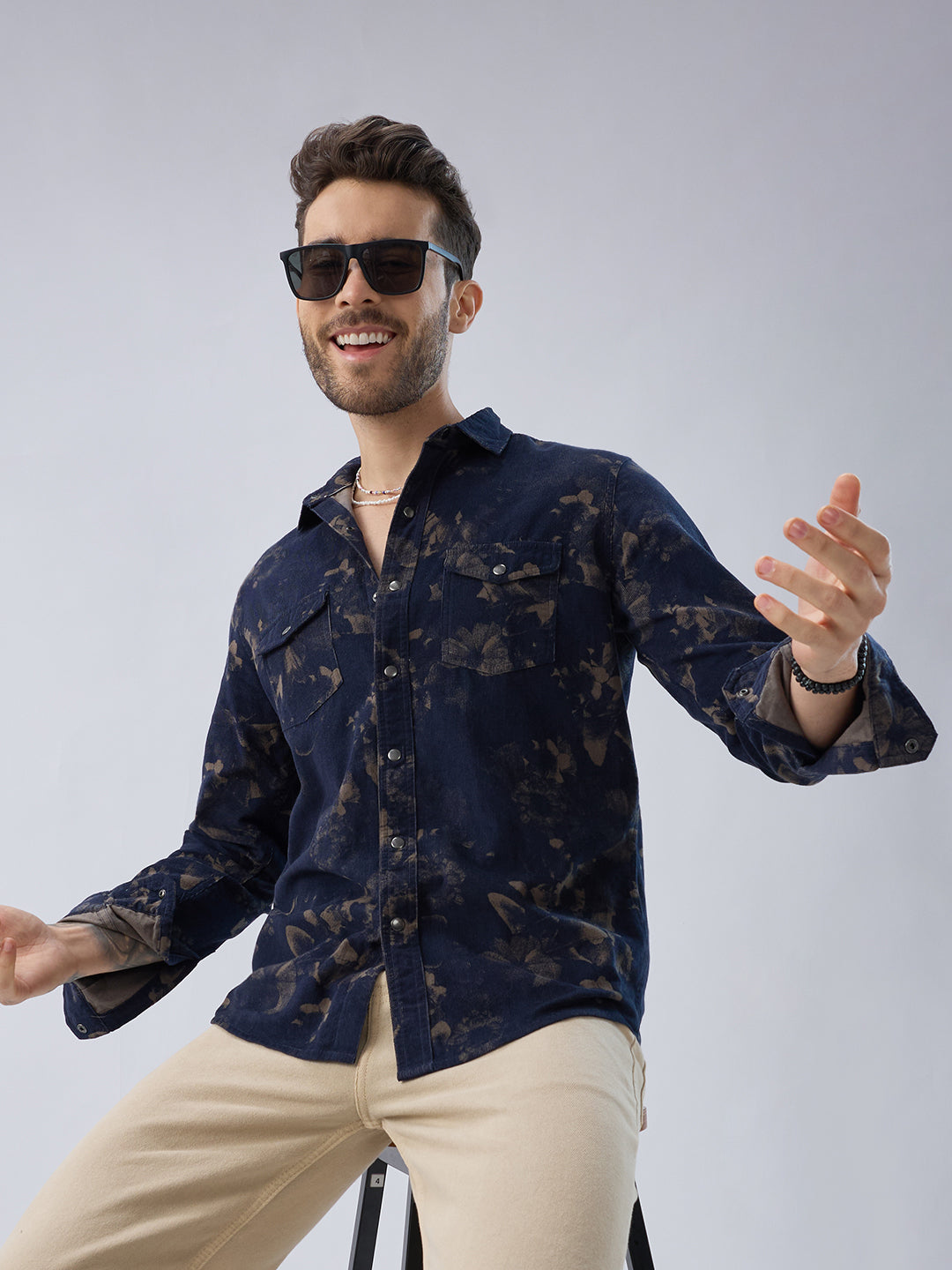 Navy Abstract Bloom Printed Flap Pocket Corduroy Shirt