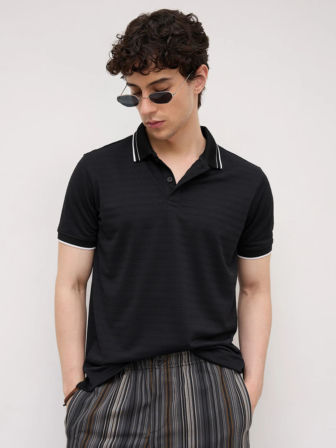 Signature Black Horizontal Stripe Contrast  Polo Knit T-Shirt