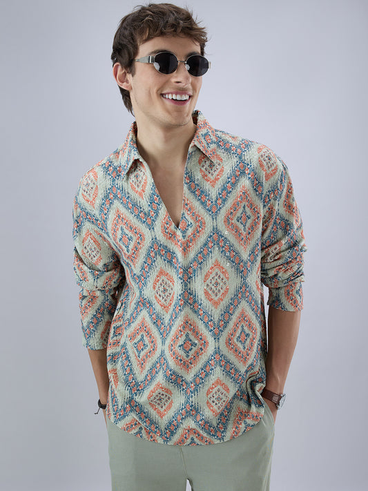 Jashn Aura Blue Sequin Embroidered Polo Neck Oversized Shirt