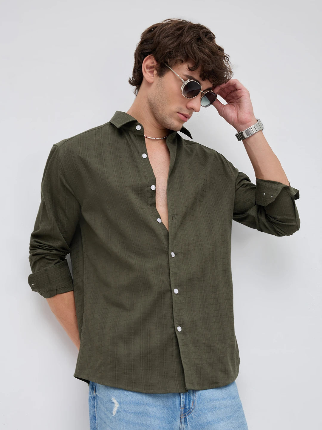 Deep Olive Elevated Grid Detail Checks Shirt
